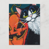 Tuxedo Cat en Smilling Pumpkin Lantern Briefkaart (Voorkant)