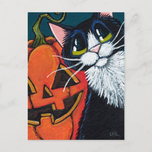 Tuxedo Cat en Smilling Pumpkin Lantern Briefkaart (Voorkant)