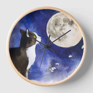 Tuxedo Cat en Volle Maan Ronde Muur Klok