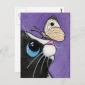 Tuxedo Cat en White Butterfly Painting Briefkaart (Voorkant / Achterkant)