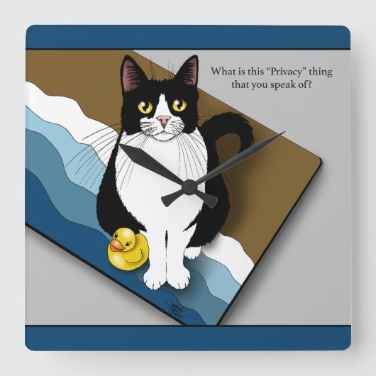 Tuxedo Cat Funny Bathroom Privacy Blue Vierkante Klok (Voorkant)