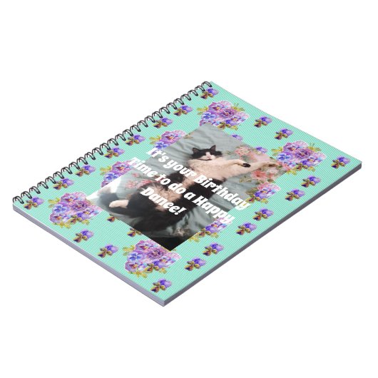Tuxedo Cat Funny Cute Floral Aqua Stripe Notitiebo Notitieboek (Linkerzijde)