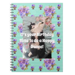 Tuxedo Cat Funny Cute Floral Aqua Stripe Notitiebo Notitieboek