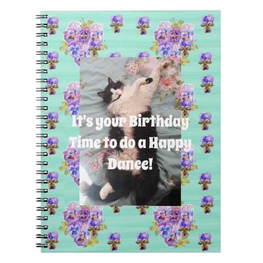 Tuxedo Cat Funny Cute Floral Aqua Stripe Notitiebo Notitieboek (Voorkant)