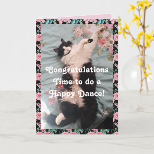 Tuxedo Cat Funny Gefeliciteerd, Happy Dance-kaart Kaart (Gele Bloem)