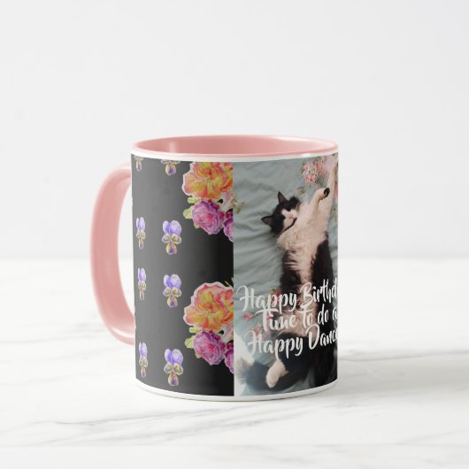 Tuxedo Cat Funny Happy Dance Verjaardag Mok Rozen (Voorkant links)