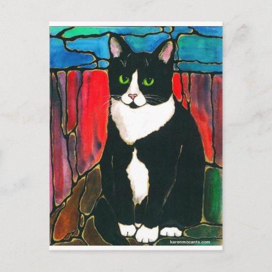 Tuxedo Cat Glas in lood Design Art T-Shirt Briefkaart (Voorkant)