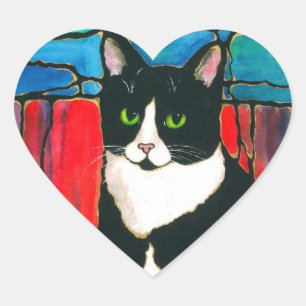 Tuxedo Cat Glas in lood Design Art T-shirt Hart Sticker