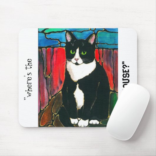 Tuxedo Cat Glas in lood Design Art T-Shirt Muismat (Met muis)