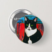 Tuxedo Cat Glas in lood Design Art T-Shirt Ronde Button 5,7 Cm (Voorkant /achterkant)