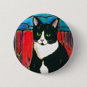 Tuxedo Cat Glas in lood Design Art T-Shirt Ronde Button 5,7 Cm