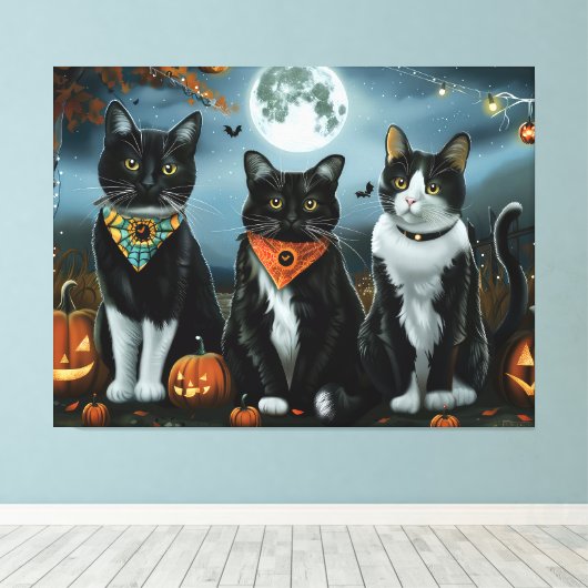Tuxedo Cat Halloween Spooky Canvas Afdruk (Insitu (Houten vloer))