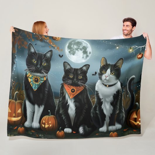 Tuxedo Cat Halloween Spooky Fleece Deken (In situ)