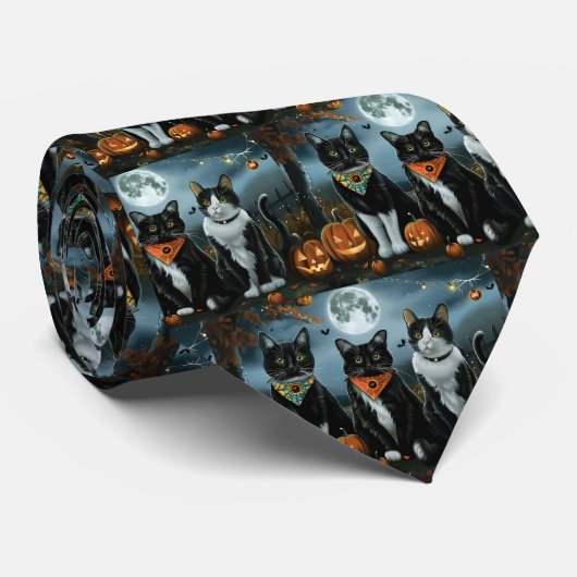 Tuxedo Cat Halloween Spooky Stropdas (Opgerold)