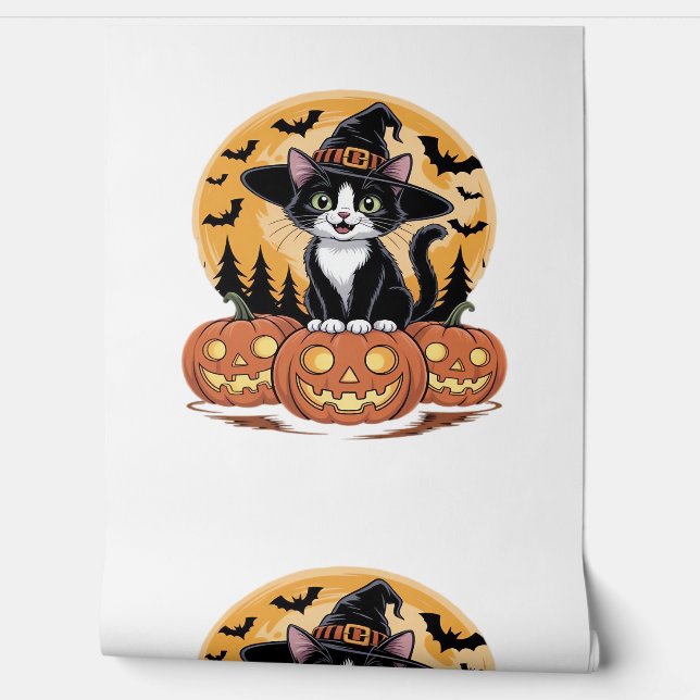 Tuxedo Cat Halloween Witch Schattigee pompoenen Es Behang (Afrollen)