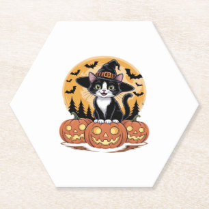 Tuxedo Cat Halloween Witch Schattigee pompoenen Es Kartonnen Onderzetters