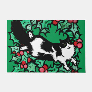 Tuxedo Cat Holly Yule Artwork Cat Deurmat
