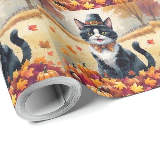 Tuxedo Cat in Autumn verlaat Thanksgiving Cadeaupapier (Rol Hoek)