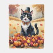 Tuxedo Cat in Autumn verlaat Thanksgiving Fleece Deken (Voorkant)
