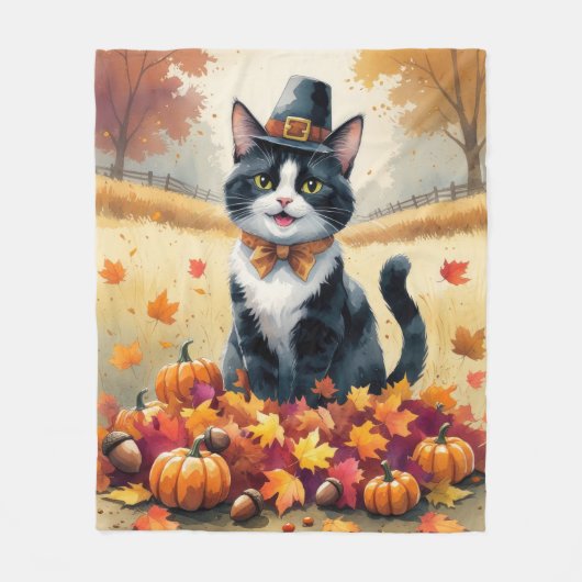 Tuxedo Cat in Autumn verlaat Thanksgiving Fleece Deken (Voorkant)