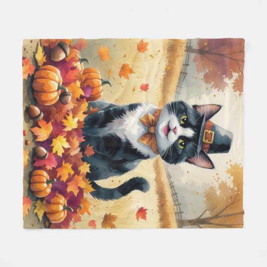 Tuxedo Cat in Autumn verlaat Thanksgiving Fleece Deken (Voorkant (Horizontaal))