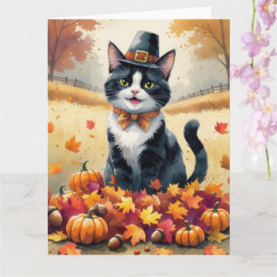 Tuxedo Cat in Autumn verlaat Thanksgiving Kaart