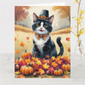 Tuxedo Cat in Autumn verlaat Thanksgiving Kaart (Gele Bloem)