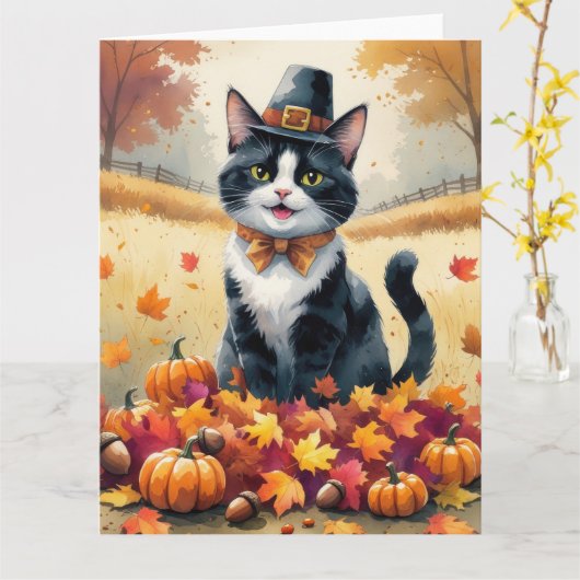 Tuxedo Cat in Autumn verlaat Thanksgiving Kaart (Gele Bloem)