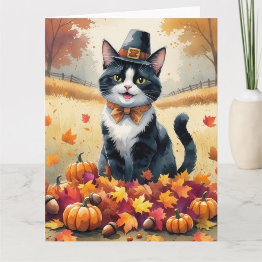 Tuxedo Cat in Autumn verlaat Thanksgiving Kaart (Voorkant)