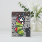 Tuxedo Cat in een Christmas Stocking Art Briefkaar Feestdagenkaart (Staand voorkant)