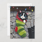 Tuxedo Cat in een Christmas Stocking Art Briefkaar Feestdagenkaart (Voorkant / Achterkant)