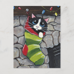 Tuxedo Cat in een Christmas Stocking Art Briefkaar Feestdagenkaart