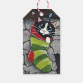 Tuxedo Cat in een gestreept Label met stukap Cadeaulabel (Voorkant)