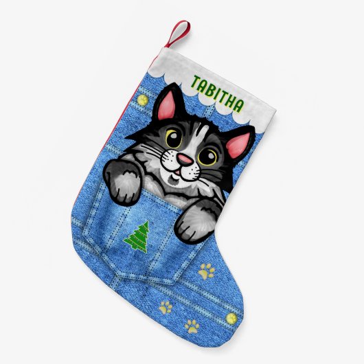 Tuxedo Cat in Faux Denim Pocket met eigen naam Kleine Kerstsok (Voorkant (Hangend))