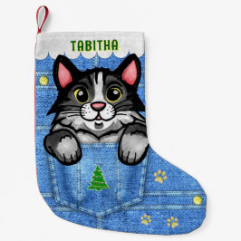 Tuxedo Cat in Faux Denim Pocket met eigen naam Kleine Kerstsok