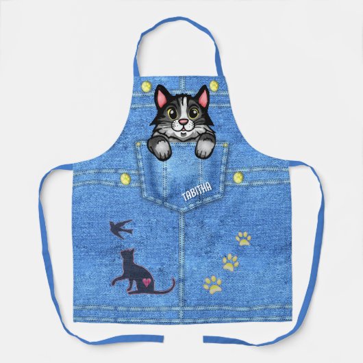 Tuxedo Cat in Faux Denim Pocket met eigen naam Schort (Voorkant)