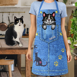 Tuxedo Cat in Faux Denim Pocket met eigen naam Schort