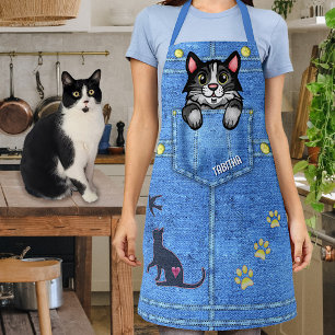Tuxedo Cat in Faux Denim Pocket met eigen naam Schort