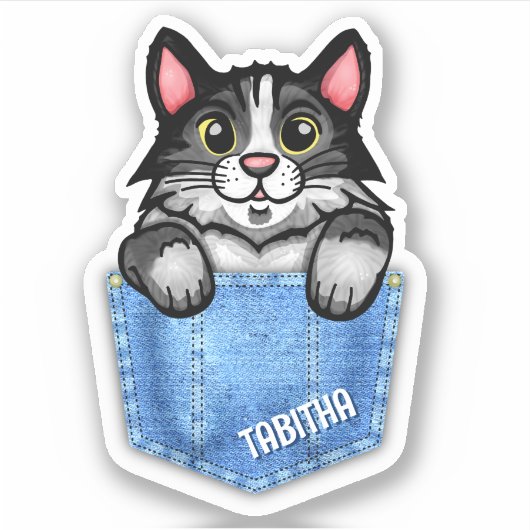 Tuxedo Cat in Faux Denim Pocket met eigen naam Sticker (Voorkant)