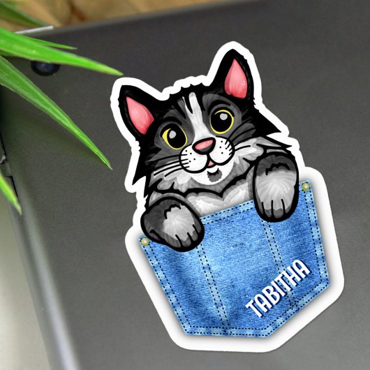 Tuxedo Cat in Faux Denim Pocket met eigen naam Sticker