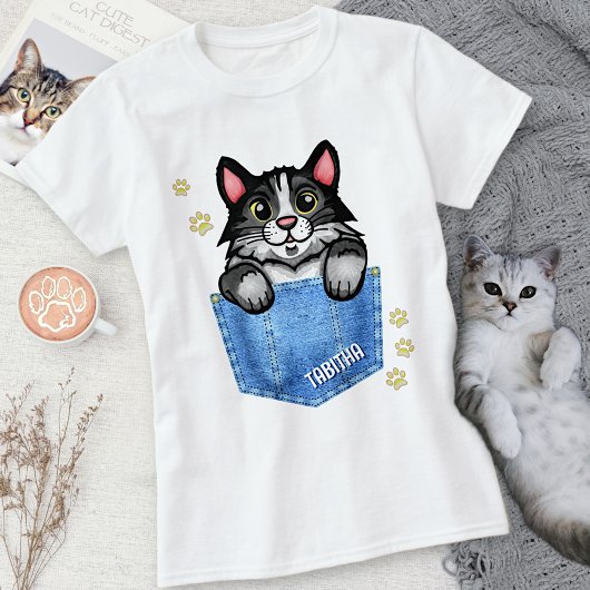 Tuxedo Cat in Faux Denim Pocket met eigen naam T-shirt