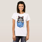 Tuxedo Cat in Faux Denim Pocket met eigen naam T-shirt (Voorkant volledig)