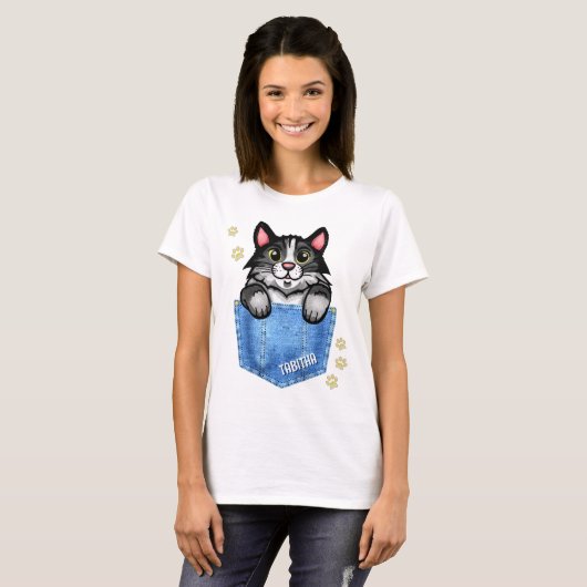 Tuxedo Cat in Faux Denim Pocket met eigen naam T-shirt (Voorkant volledig)