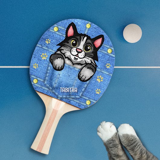 Tuxedo Cat in Faux Denim Pocket met eigen naam Tafeltennisbatje