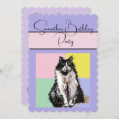 Tuxedo Cat Katten Paarse Verjaardagsfeest Uitnodig Kaart (Voorkant / Achterkant)