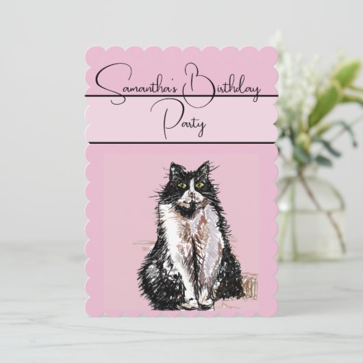 Tuxedo Cat Katten Roze Verjaardagsfeest Uitnodigin Kaart (Staand voorkant)