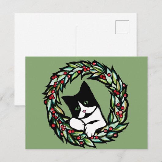 Tuxedo Cat Kerstmis Jule Holiday Cats Catmas Art Briefkaart (Voorkant / Achterkant)