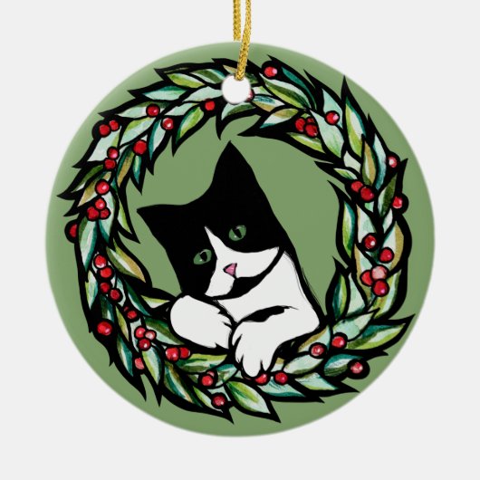 Tuxedo Cat Kerstmis Jule Holiday Cats Catmas Art Keramisch Ornament (Voorkant)