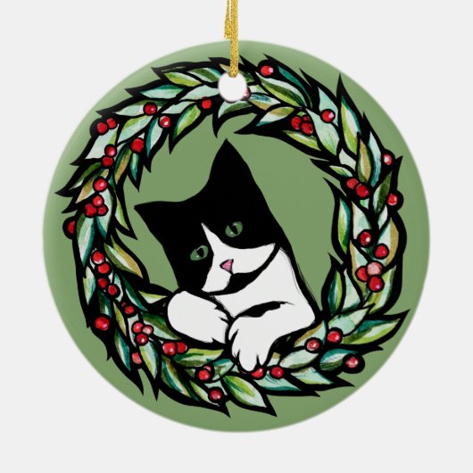 Tuxedo Cat Kerstmis Jule Holiday Cats Catmas Art Keramisch Ornament (Achterkant)