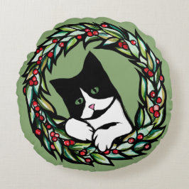 Tuxedo Cat Kerstmis Jule Holiday Cats Catmas Art  Rond Kussen